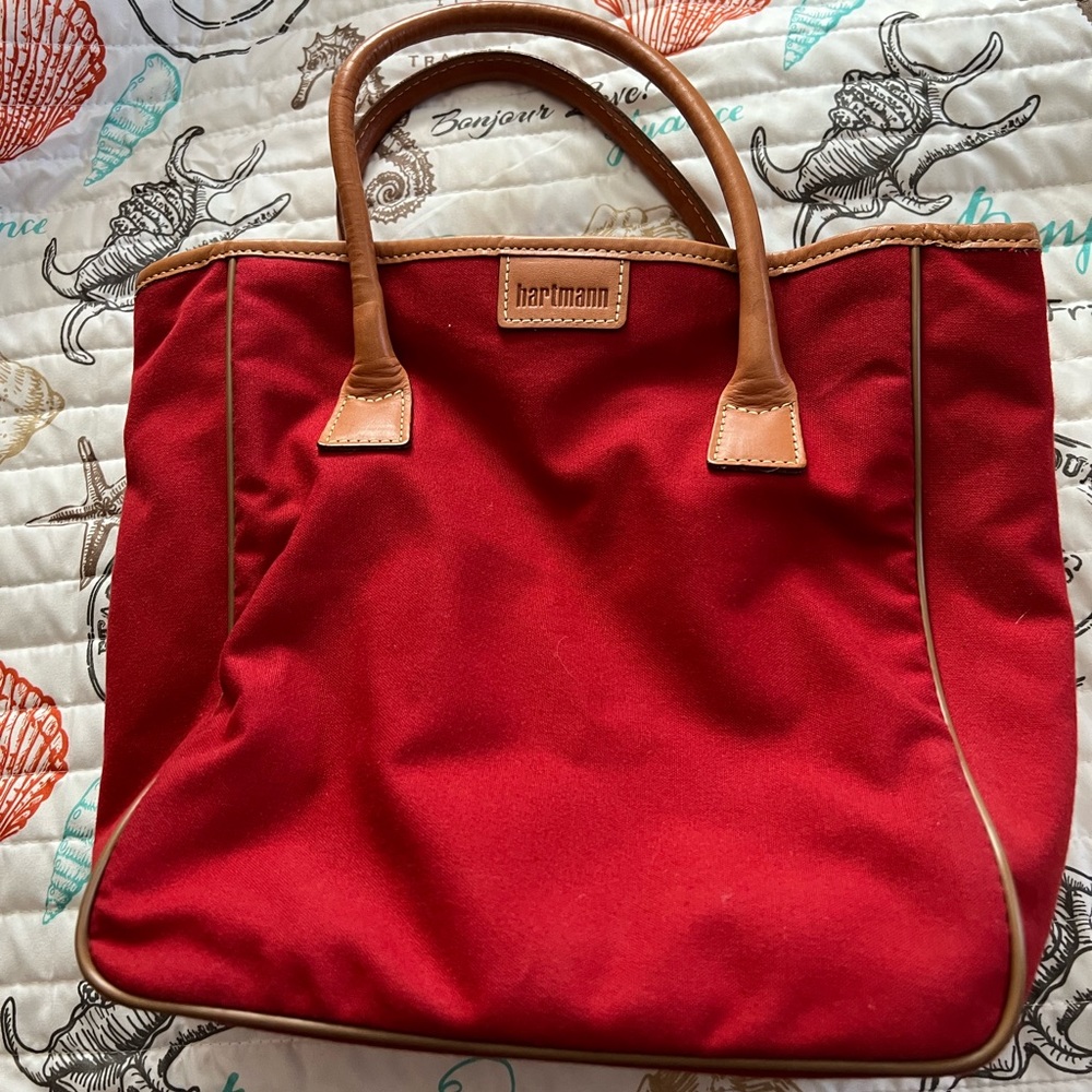 Hartmann Small Red Tote with Tan Leather Trim
